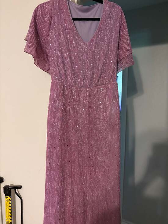 BloomChic Dresses & Skirts - BloomChic V-Neck Metallic Pleated Ruffle Sleeve Maxi Dress